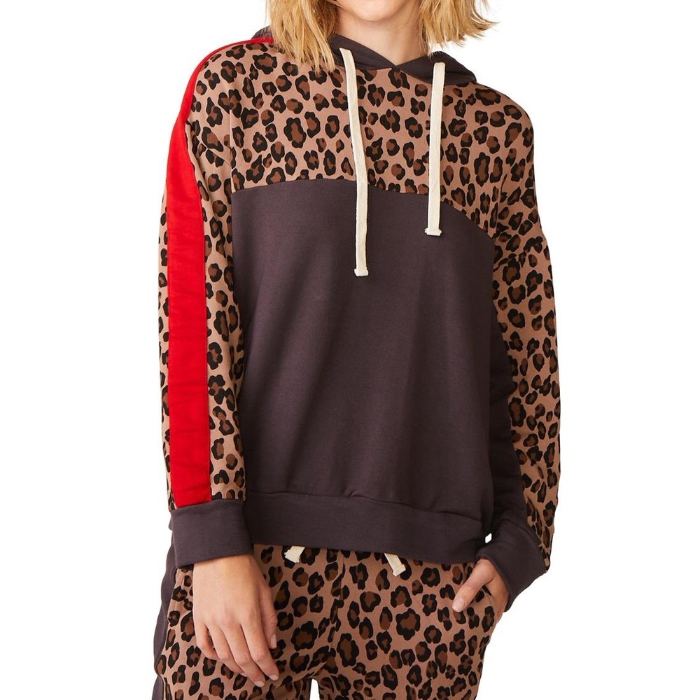 Monrow Womens Leopard Print Colorblock Hoodie Red Stripe Pullover Charcoal Small